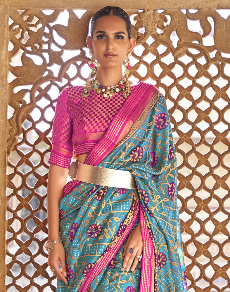Stylish Sky Blue Botanical Prin Patola Saree