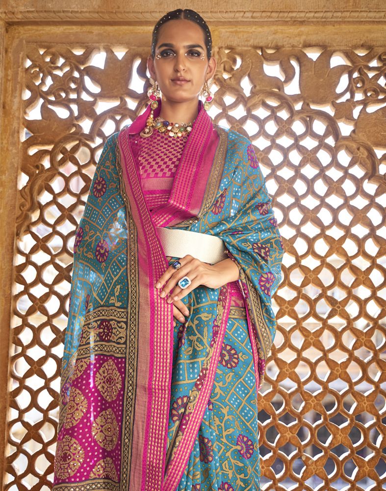 Stylish Sky Blue Botanical Prin Patola Saree