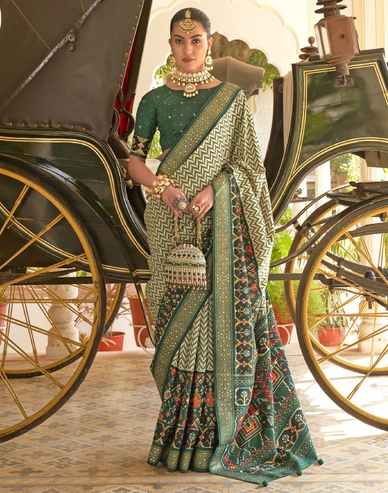 Mehendi Green Chevron Pattern Beads work Patola Saree