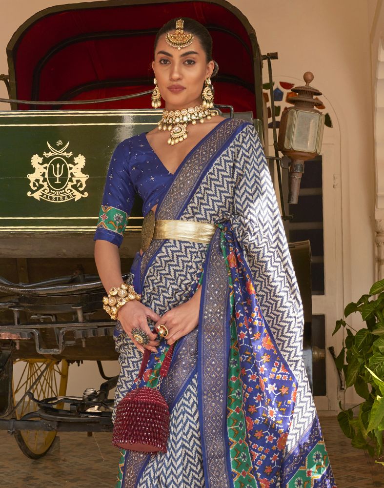 Royal Blue Chevron Pattern Patola Beads work Saree