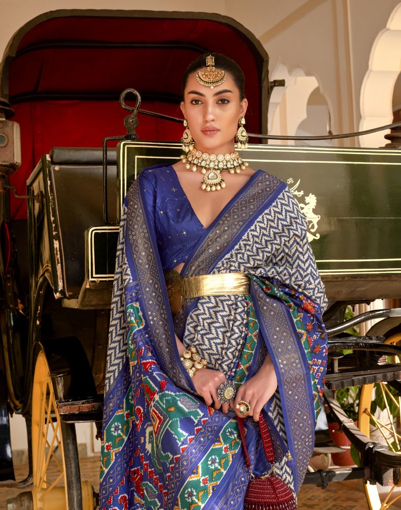 Royal Blue Chevron Pattern Patola Beads work Saree