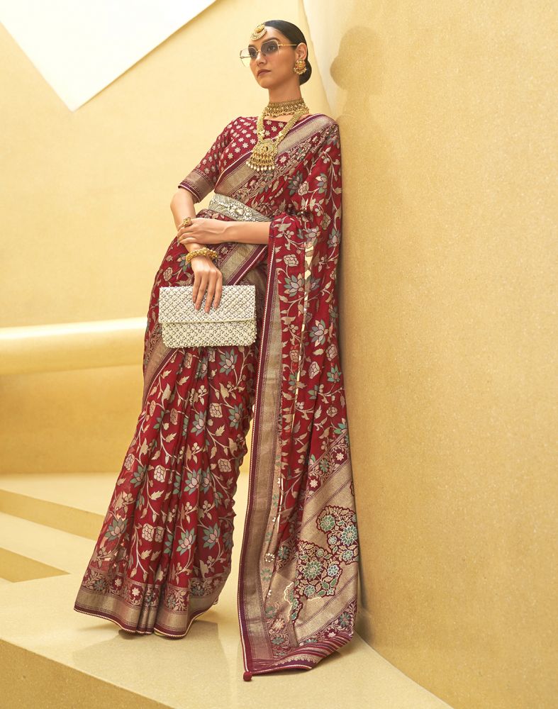 Maroon Floral Print Patola Silk Saree