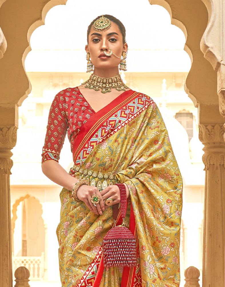 Floral Print Mustard Coloured Soft Patola Fancy Saree