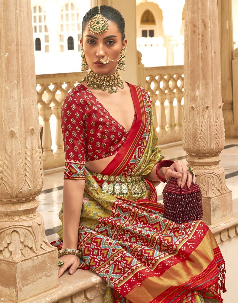Floral Print Mustard Coloured Soft Patola Fancy Saree
