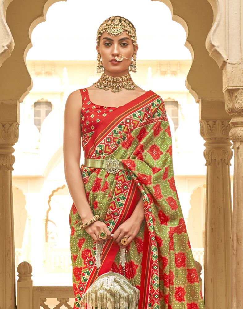 Mehendi Green Geometric Print Patola Butta Saree