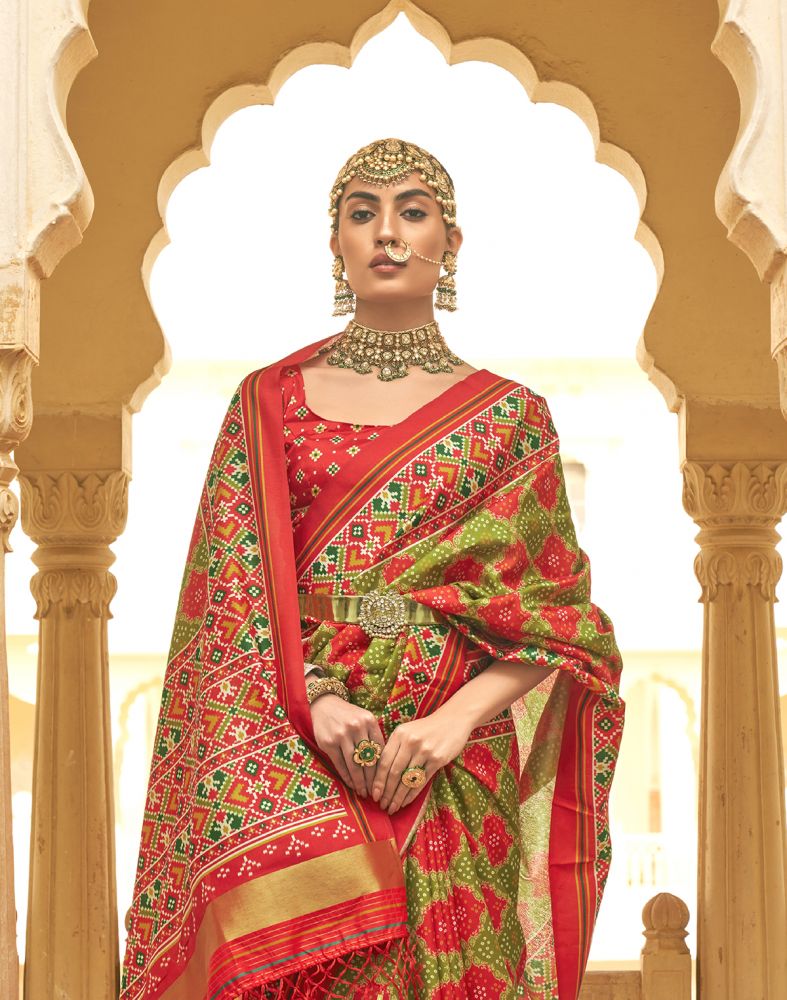 Mehendi Green Geometric Print Patola Butta Saree