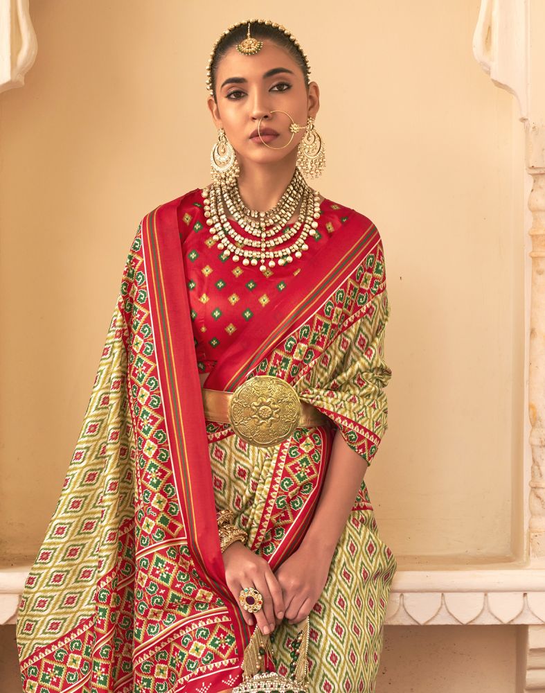 Mehendi Green Geometric Print Patola Saree