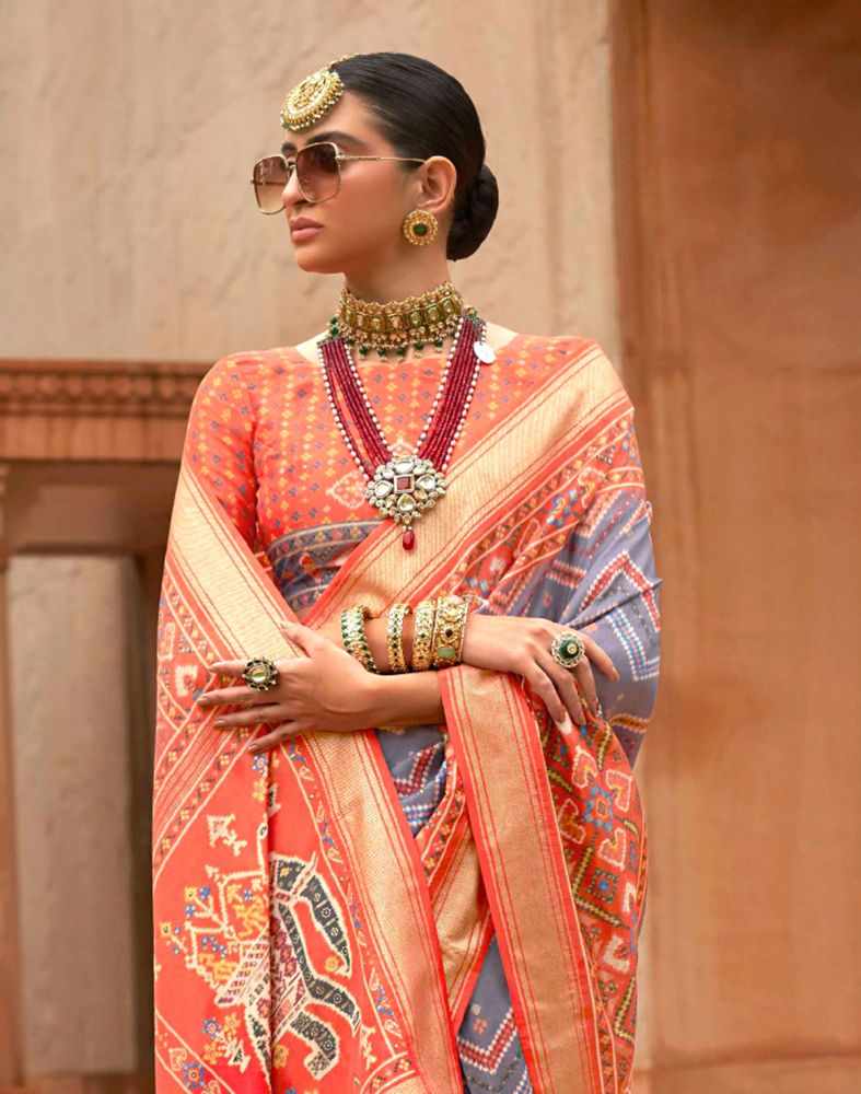 Grey And Orange Chevron Pattern Print Patola Saree