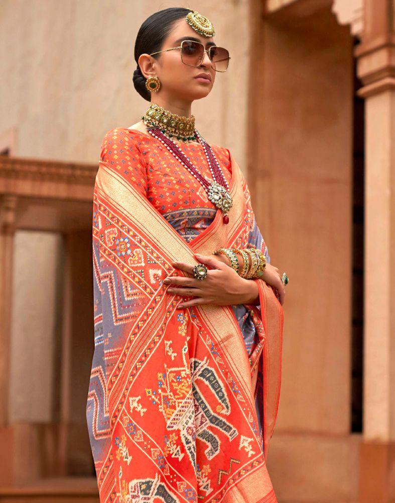 Grey And Orange Chevron Pattern Print Patola Saree