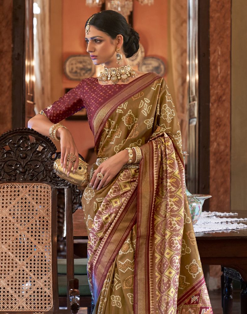 Brown Ikat Print Patola Silk Saree