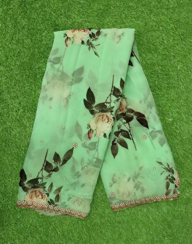 Green Floral Pearl Work Chiffon Saree With Cut Work Border