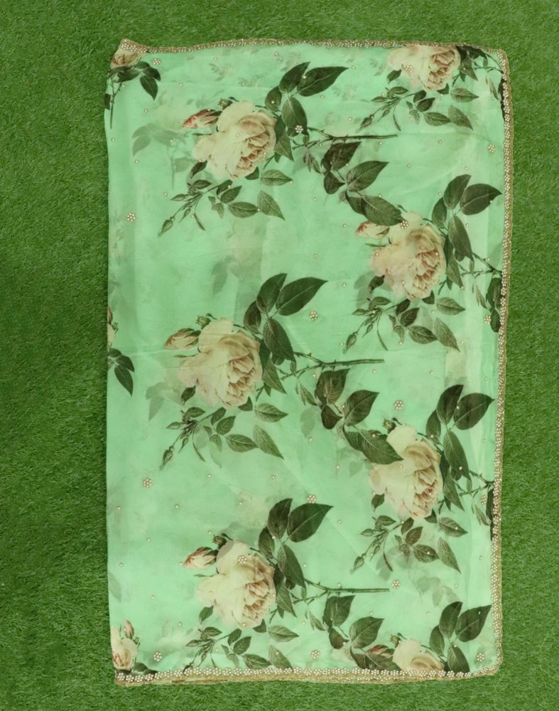 Green Floral Pearl Work Chiffon Saree With Cut Work Border
