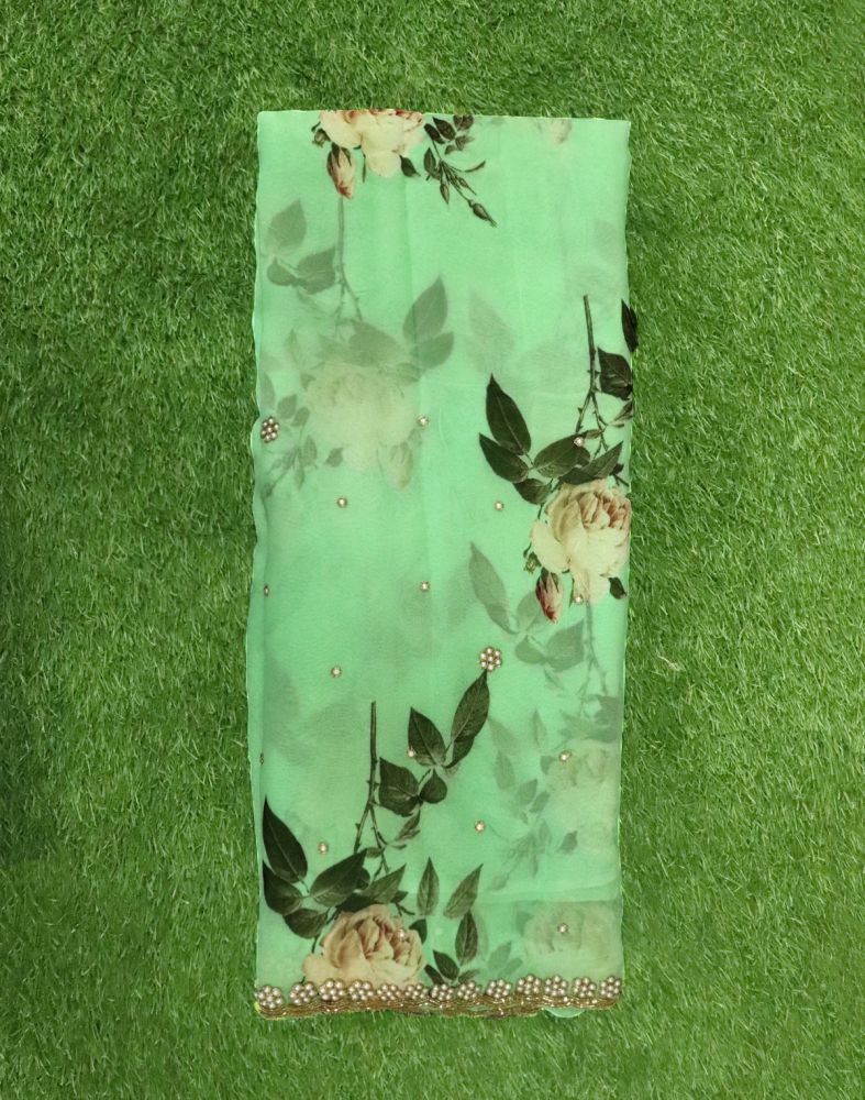 Green Floral Pearl Work Chiffon Saree With Cut Work Border