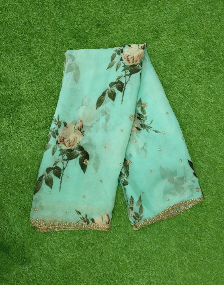 Light Blue Floral Pearl Work Chiffon Saree With Cut Work Border