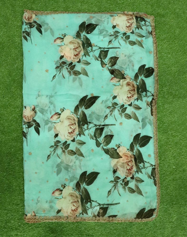 Light Blue Floral Pearl Work Chiffon Saree With Cut Work Border