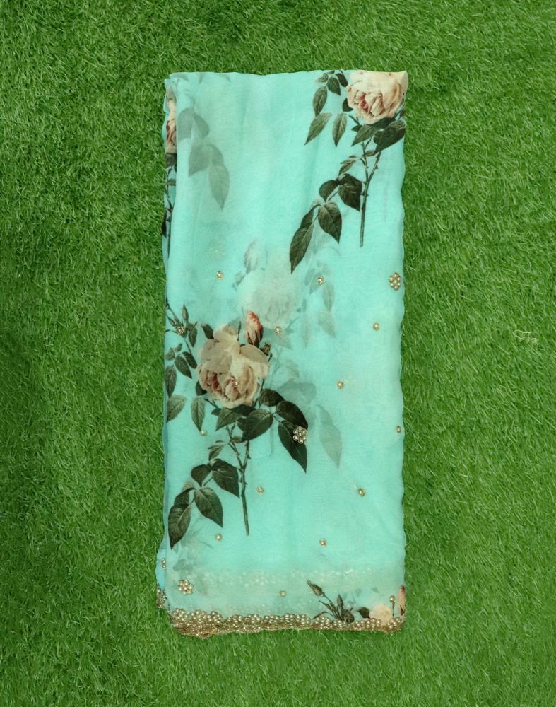 Light Blue Floral Pearl Work Chiffon Saree With Cut Work Border