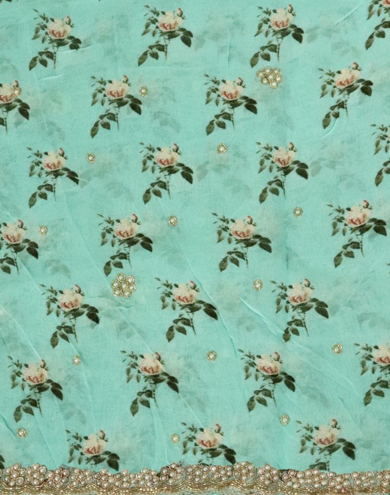 Light Blue Floral Pearl Work Chiffon Saree With Cut Work Border