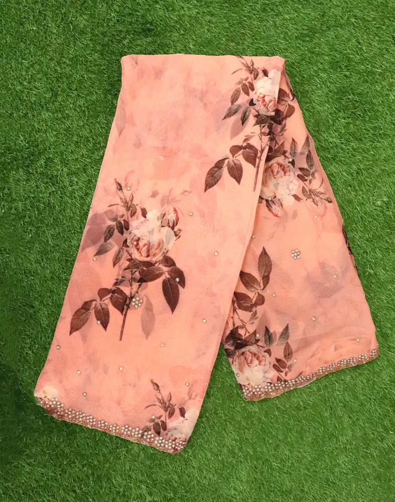 Light Orange Floral Pearl Work Chiffon Saree With Cut Work Border