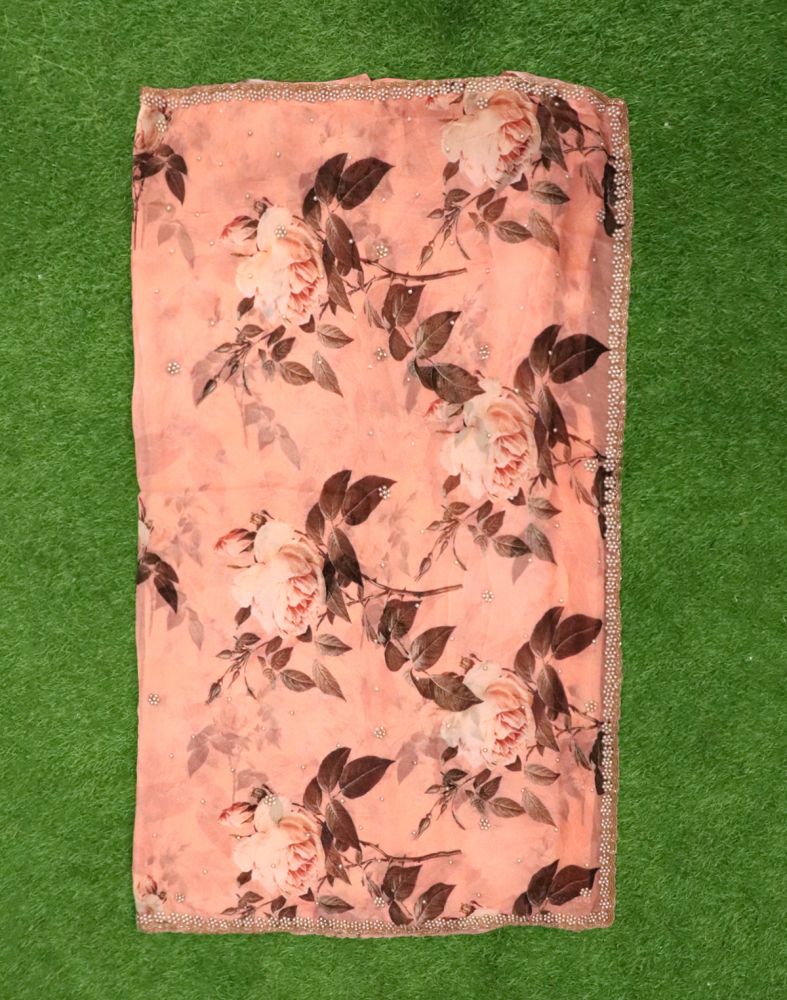 Light Orange Floral Pearl Work Chiffon Saree With Cut Work Border