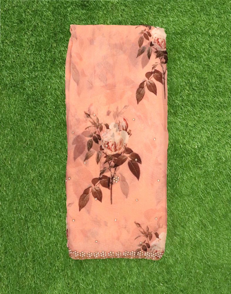 Light Orange Floral Pearl Work Chiffon Saree With Cut Work Border