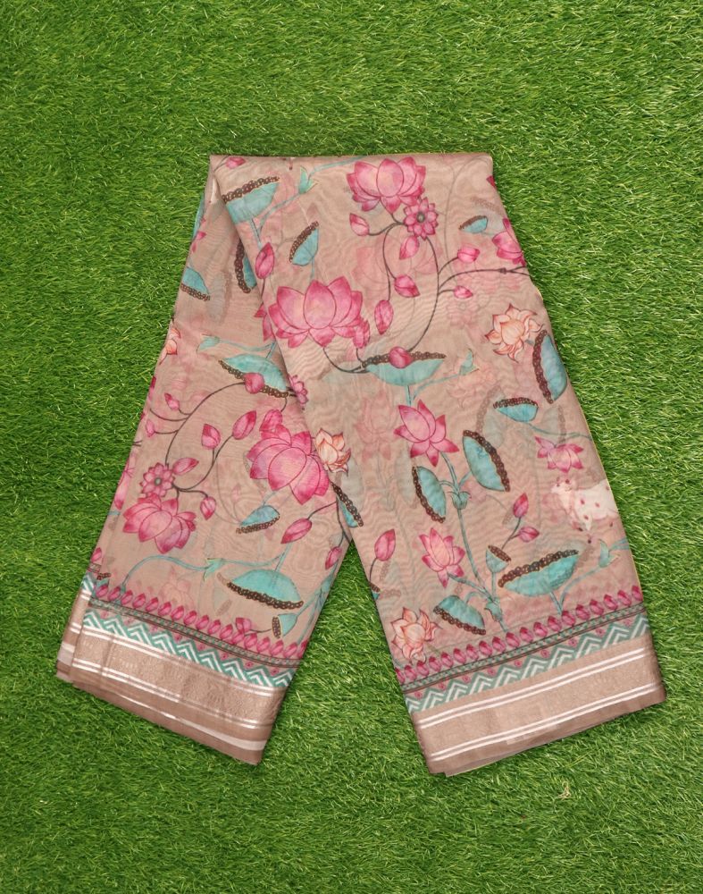 Grey Coloured Floral Pattern Organza Saree
