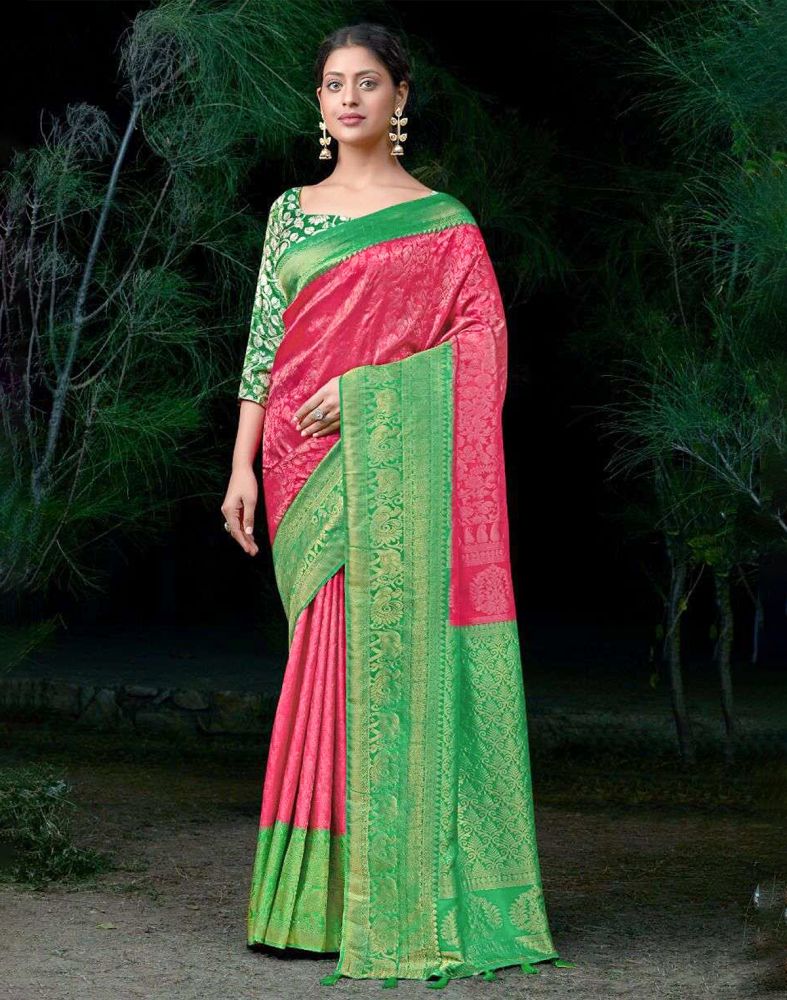 Floral Pattern Pink Colour Soft Silk Saree