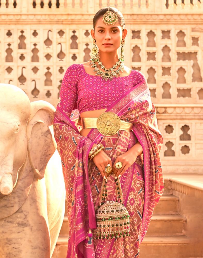 Pink Coloured Ikat Print Patola Saree