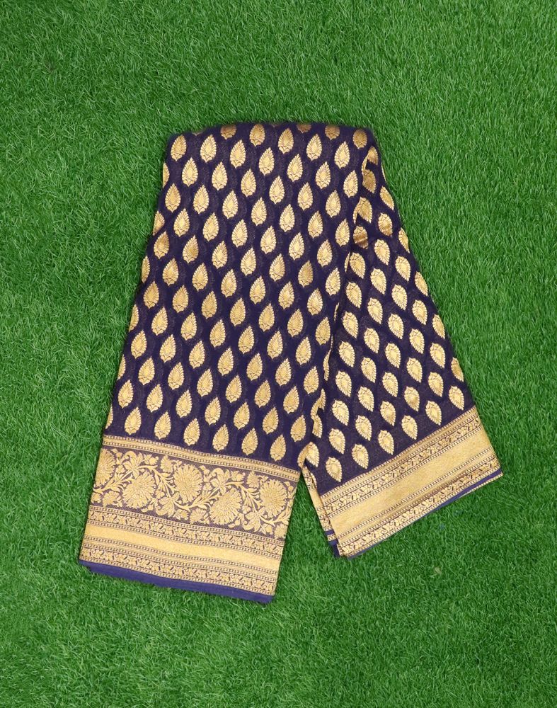 Navy Blue Butta Gold Zari Georgette Saree
