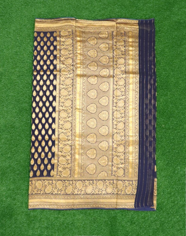 Navy Blue Butta Gold Zari Georgette Saree