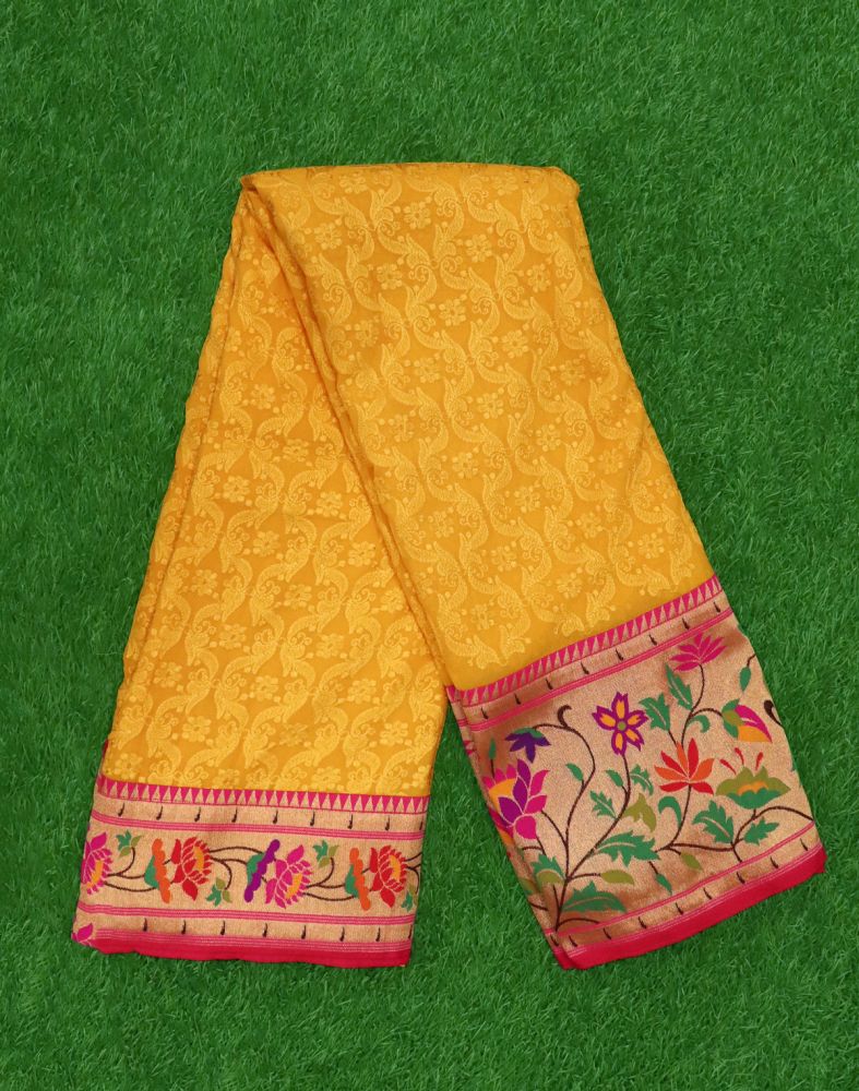 Yellow Chikankari Work Georgette Saree With Paithani Border And Blouse Piece