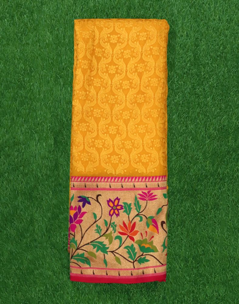 Yellow Chikankari Work Georgette Saree With Paithani Border And Blouse Piece