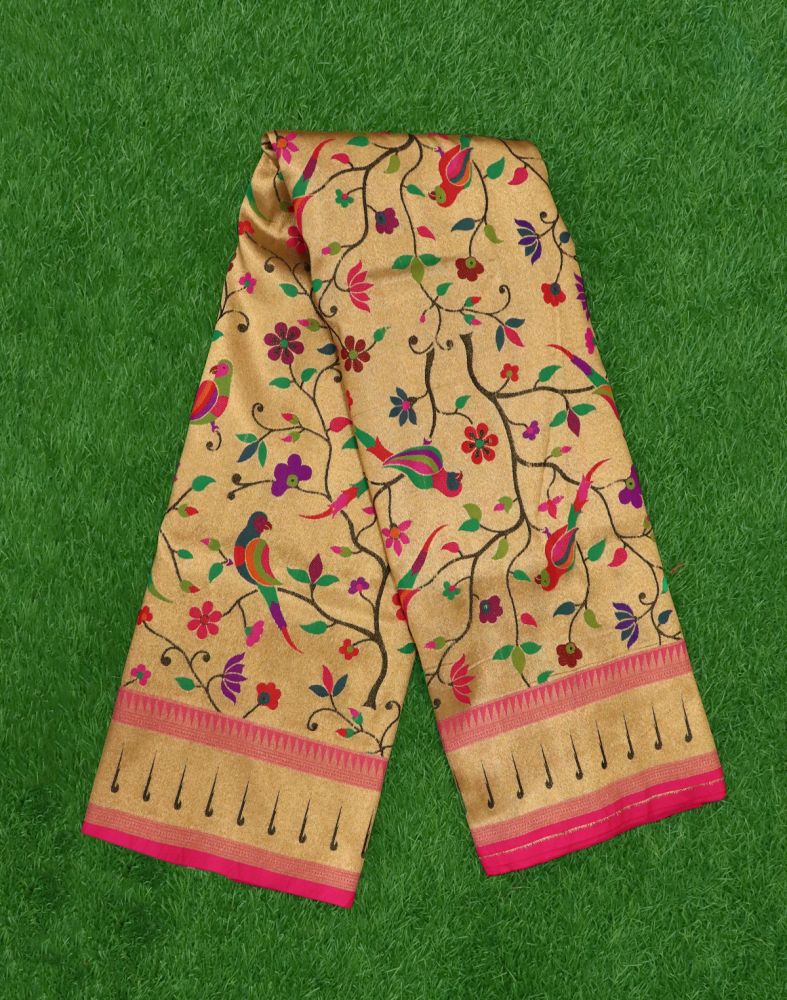 Gold Colour Birds Design Weave Silk Saree