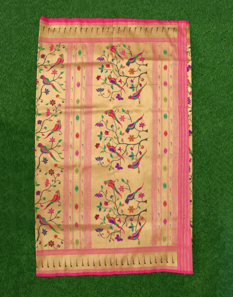 Gold Colour Birds Design Weave Silk Saree