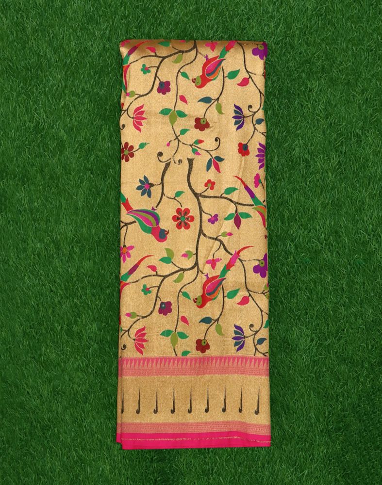 Gold Colour Birds Design Weave Silk Saree