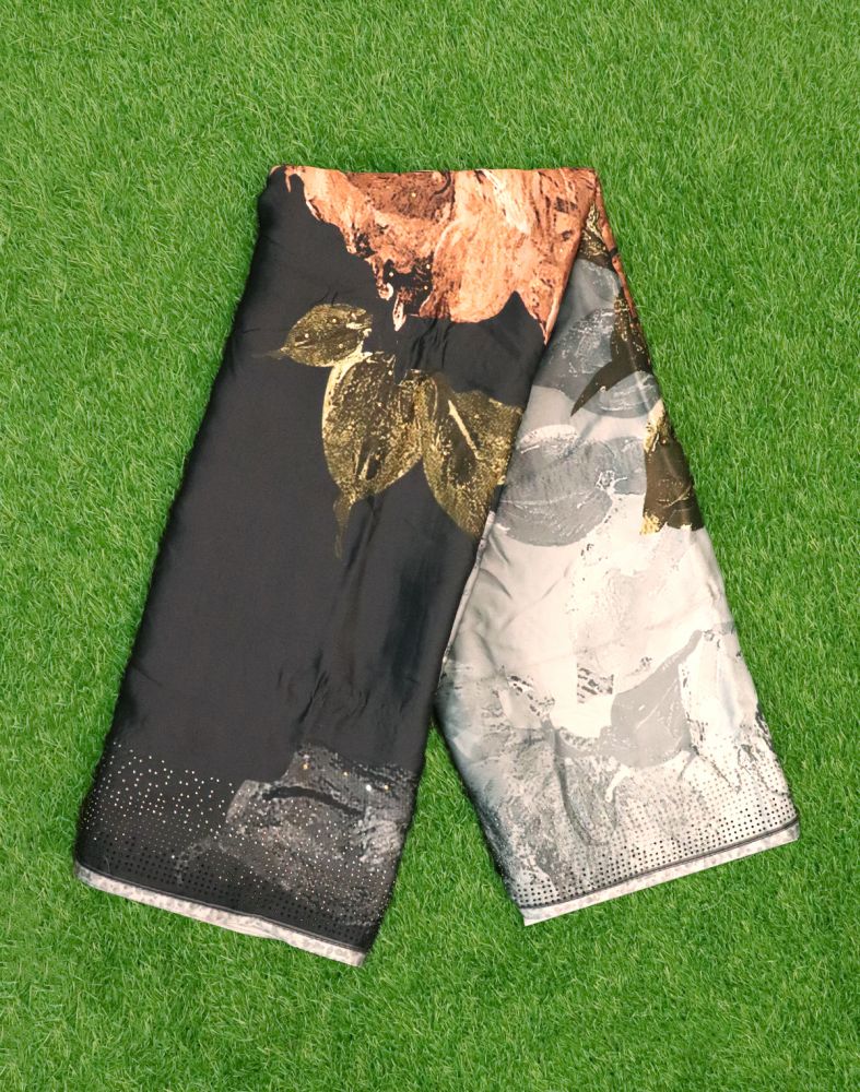 Grey Floral Stones Work Crape Saree