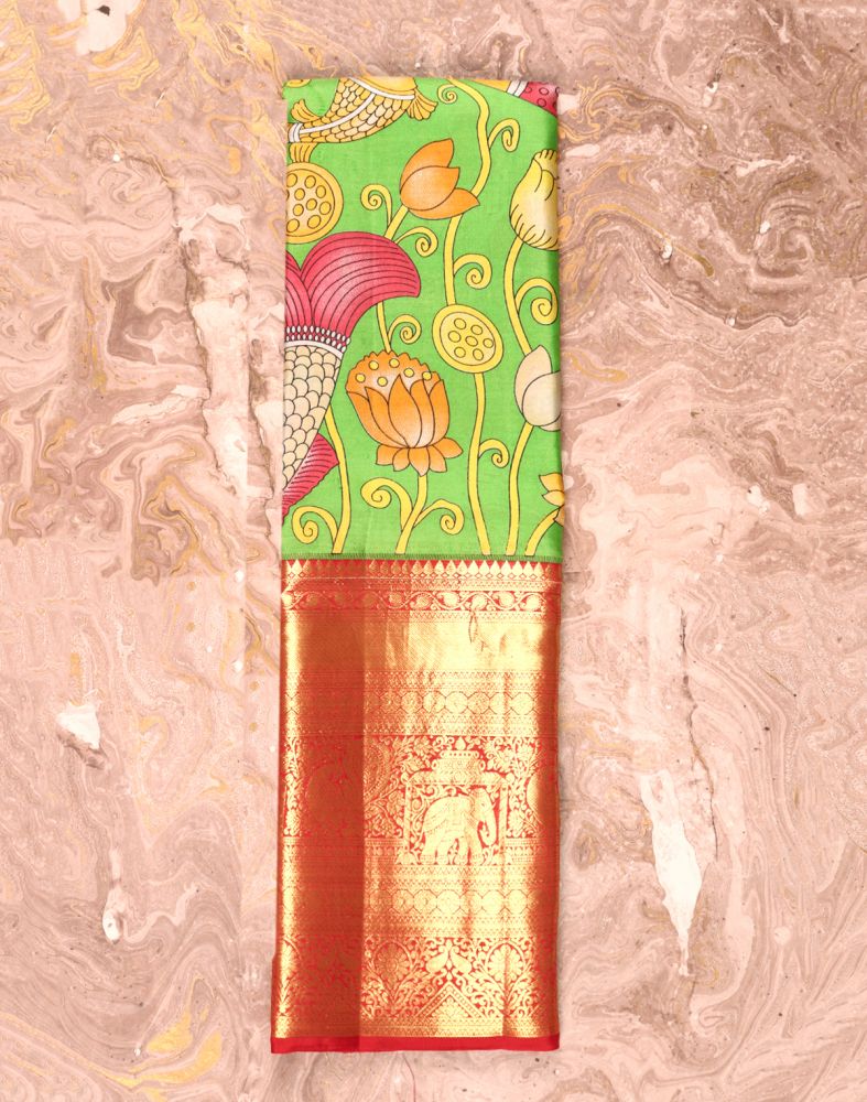 Parrot Green Pure Pen Kalamkari Print Silk Saree