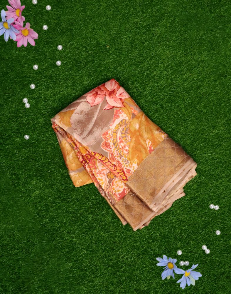 Beige Floral Pure Italian Crape Digital Print Saree