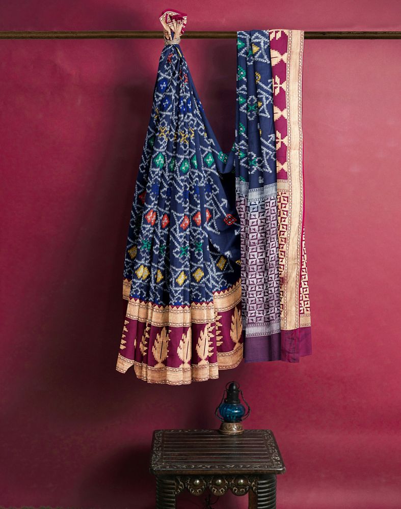Navy Blue Ikat Soft Silk Weave Saree With Contrast Blouse