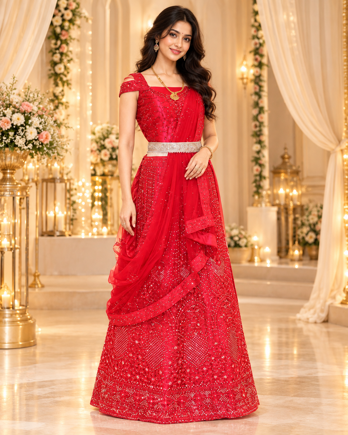 Rani Pink Stones work fully flared Netted Half Saree