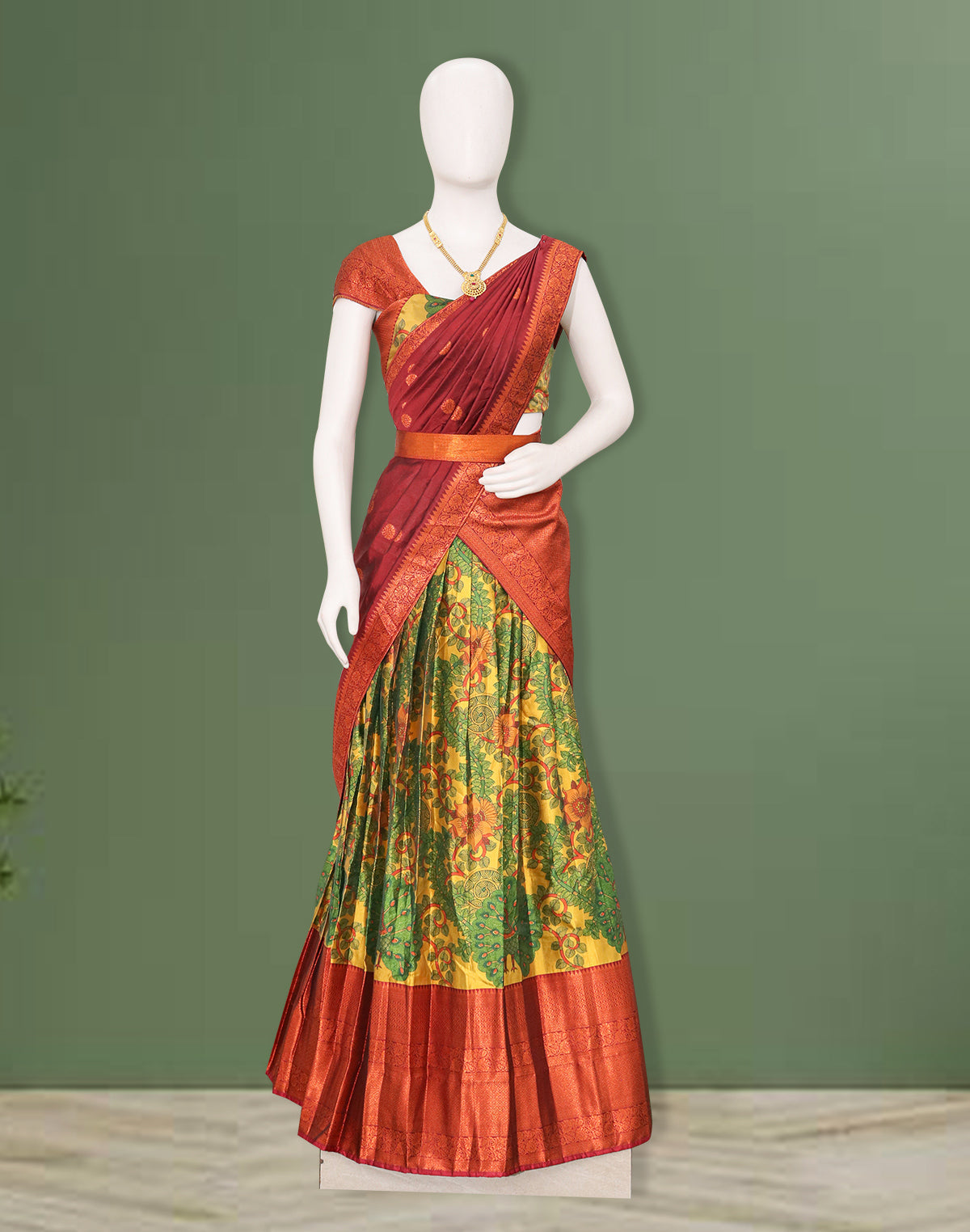 Floral Print Mustard Colour Half Saree with Belt