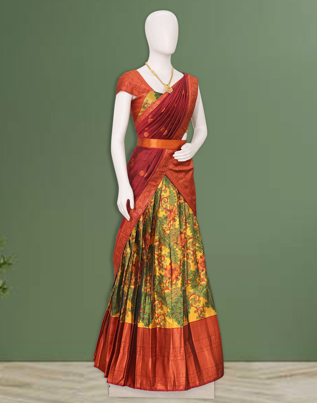 Floral Print Mustard Colour Half Saree with Belt