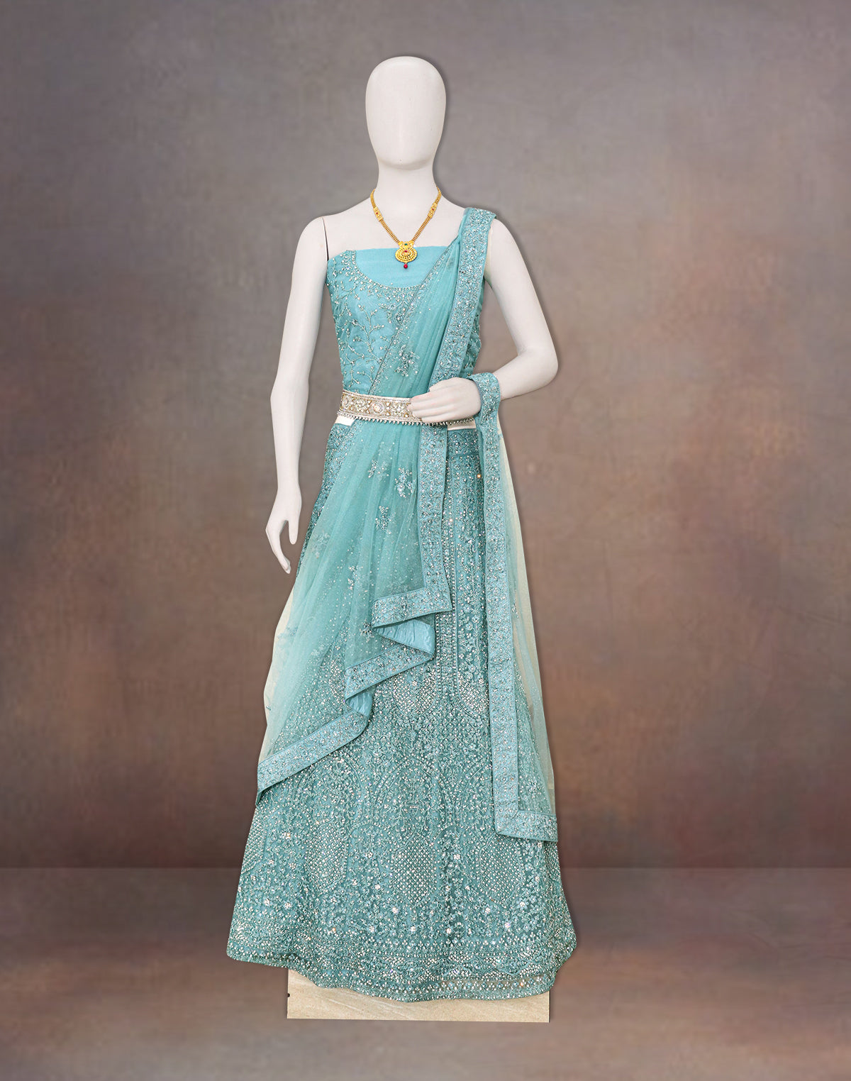 Elegant party wear Sea Green Stones with Embroidery work fully flared Netted lehenga set