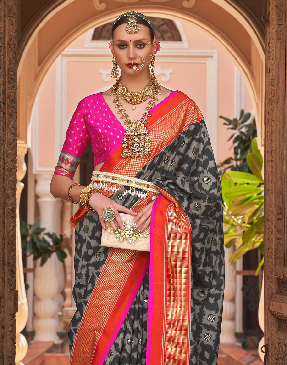 Black Graphic Print Patola Silk Saree