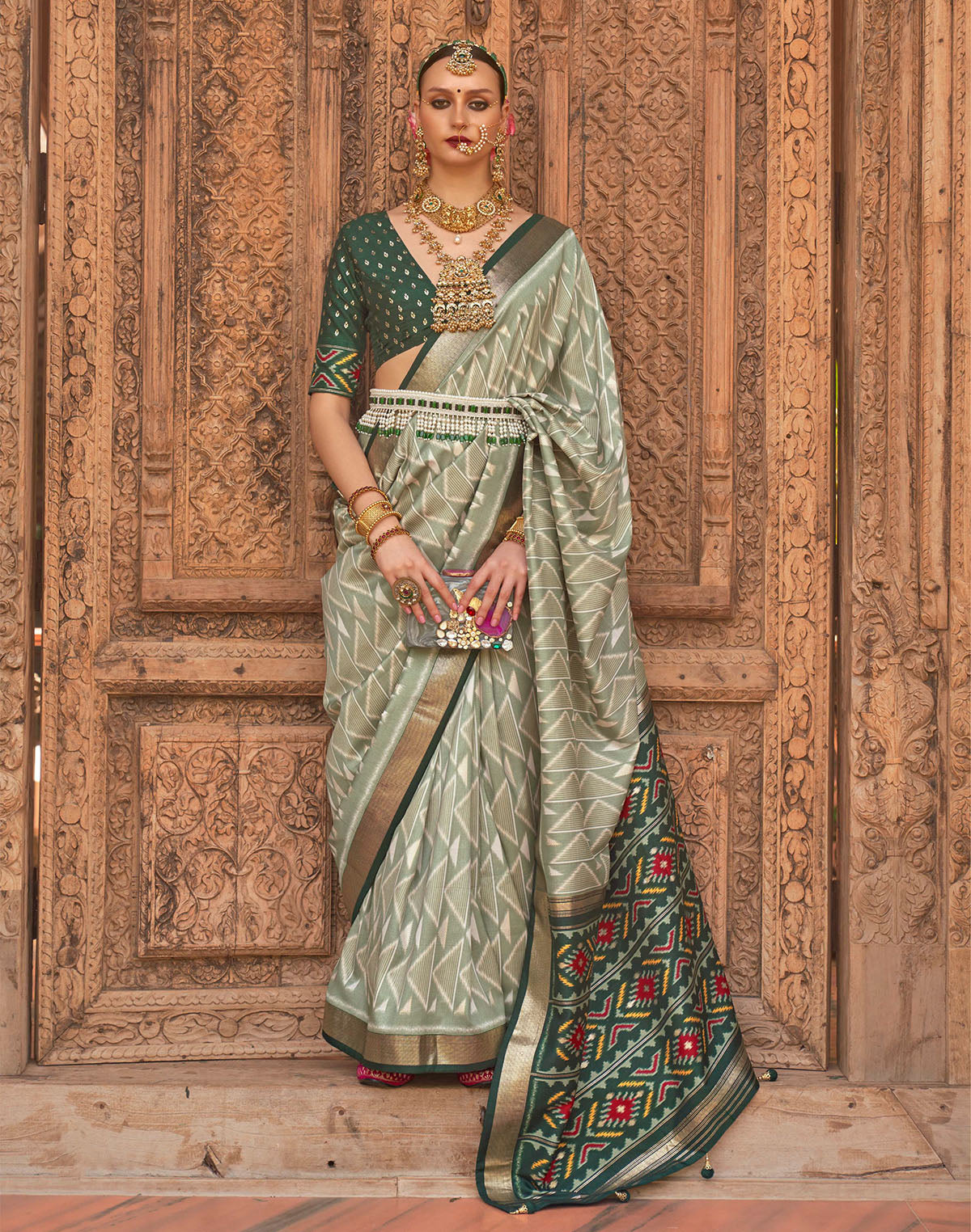 Light Green Geometric Print Patola Designer Saree