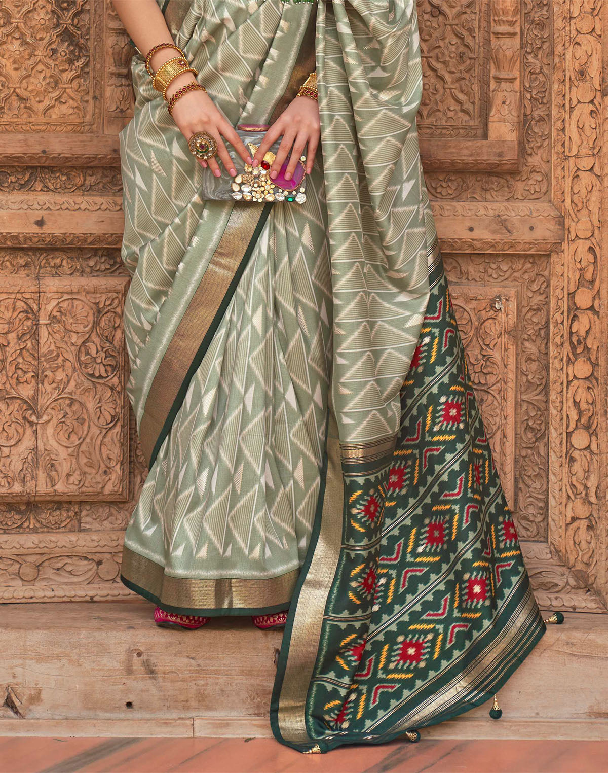 Light Green Geometric Print Patola Designer Saree