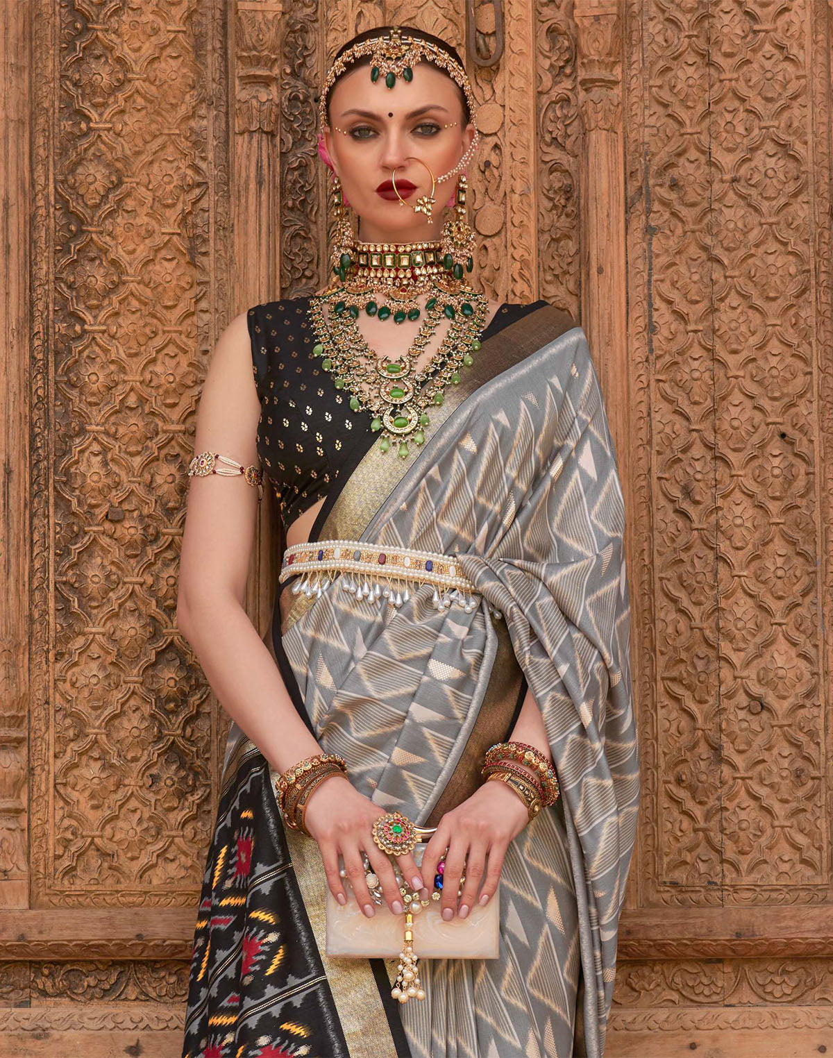 Grey and Black Patola Printed Saree