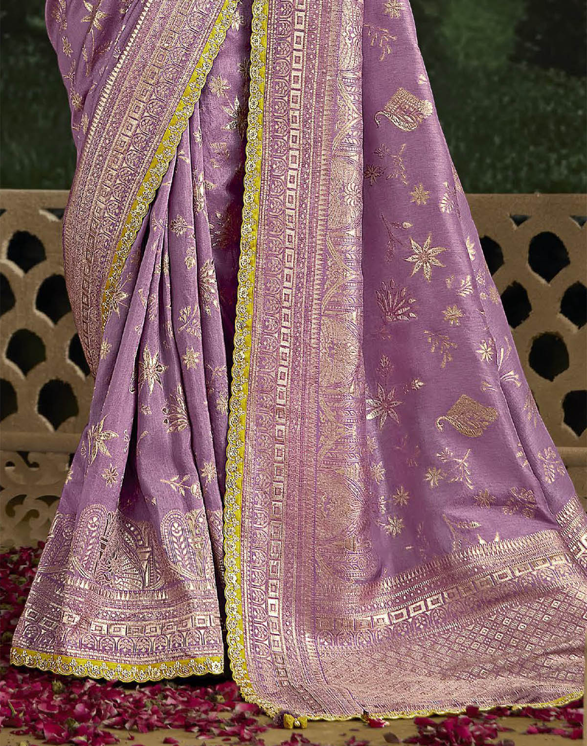 Light Purple Fancy Lace Border Dola Silk Saree with Contrast work Blouse