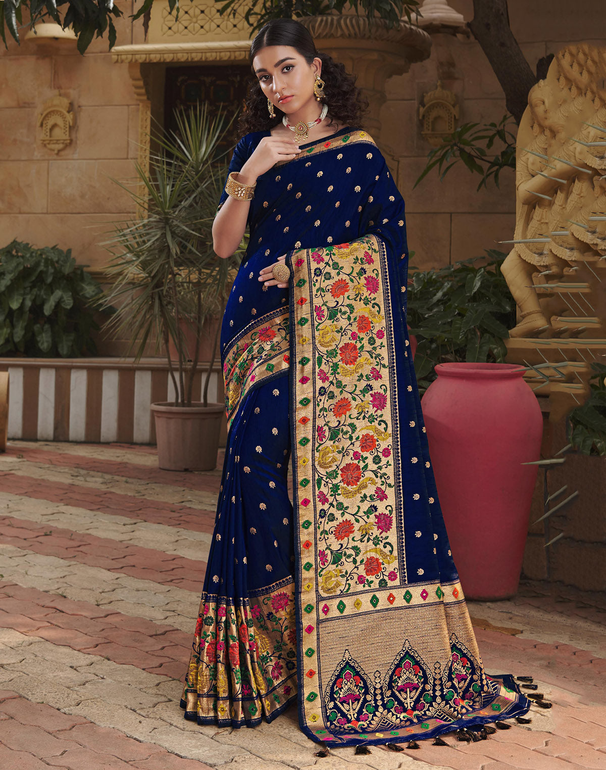 Glamorous Navy Blue Banarasi Saree with Paithani Border