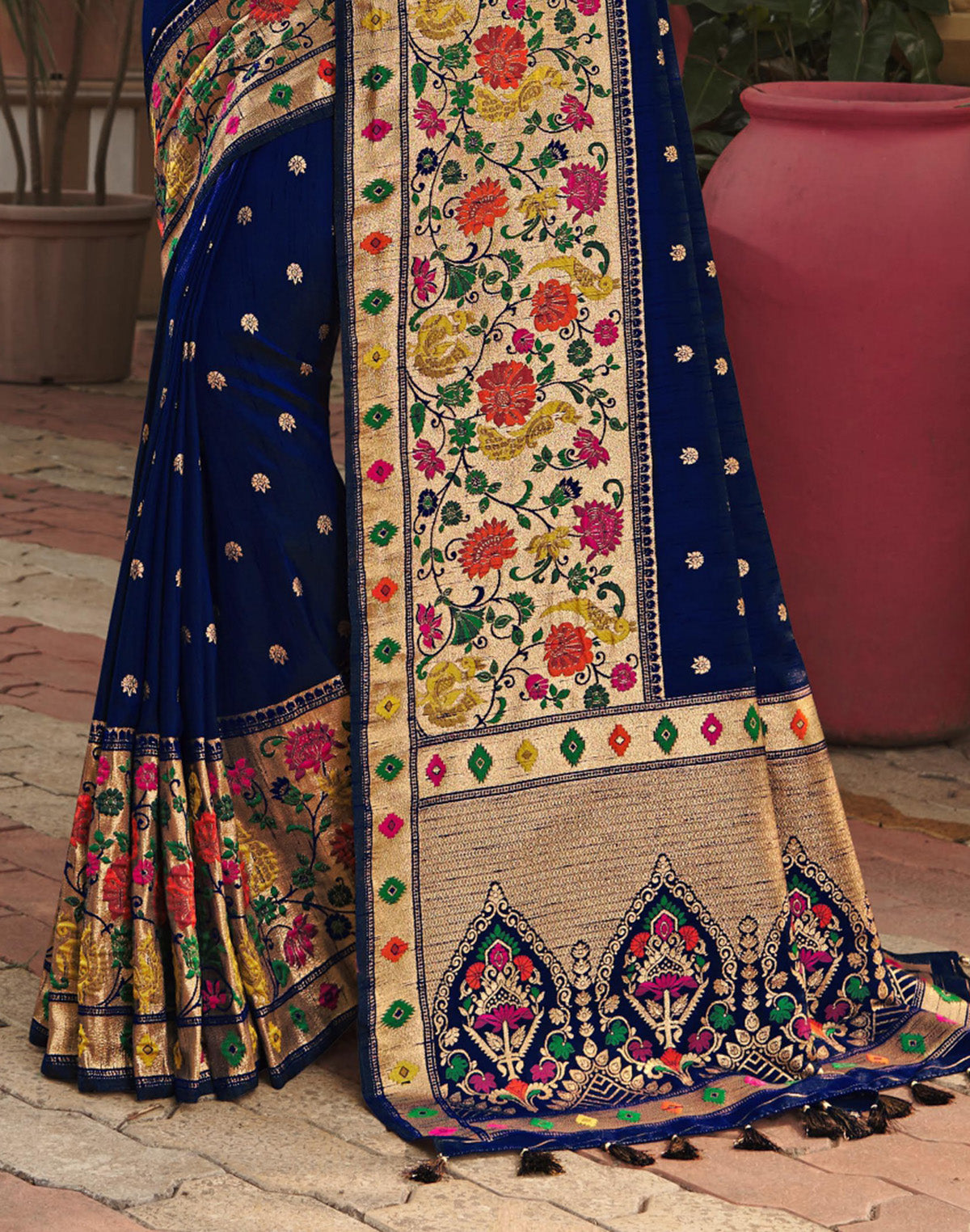 Glamorous Navy Blue Banarasi Saree with Paithani Border