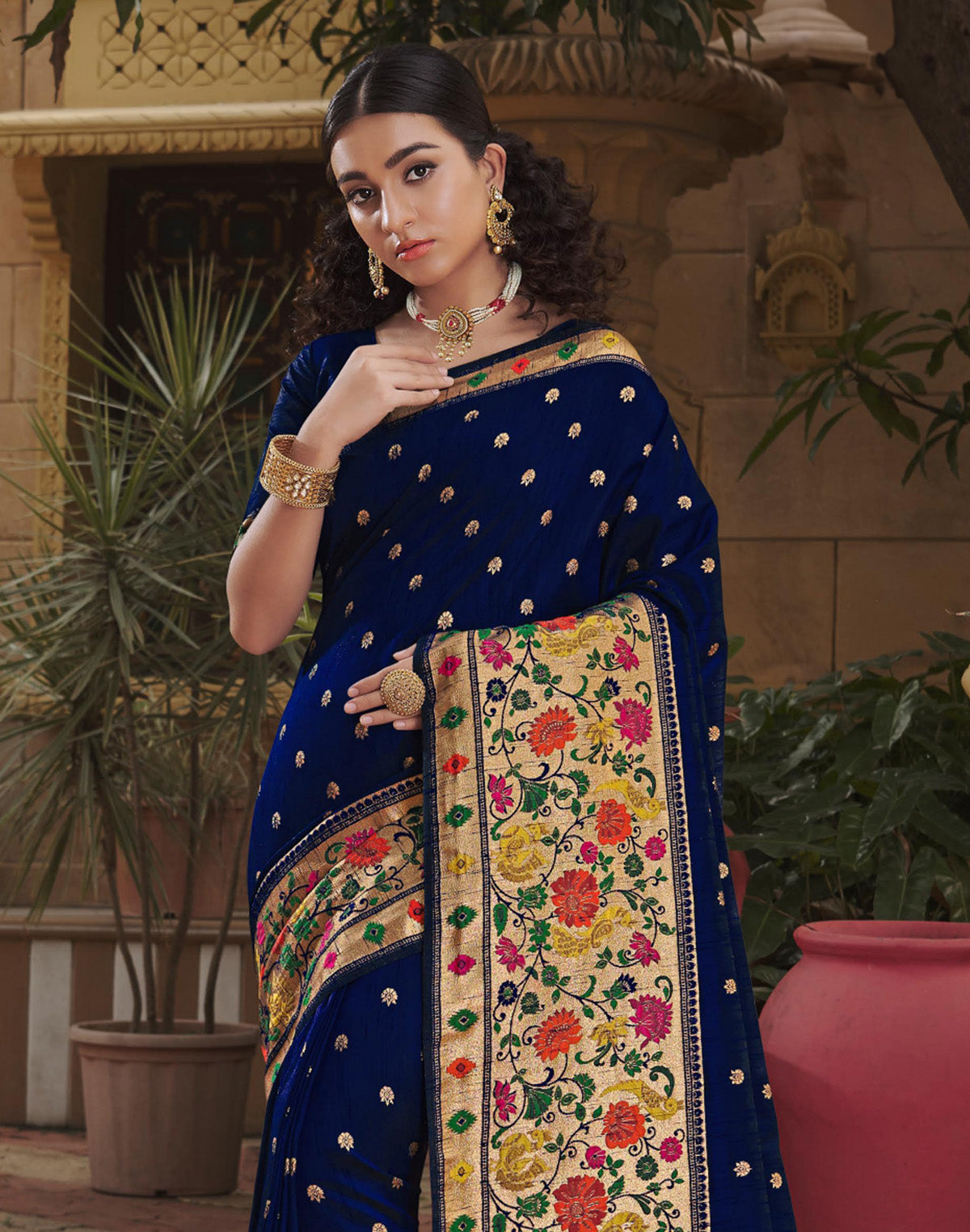 Glamorous Navy Blue Banarasi Saree with Paithani Border